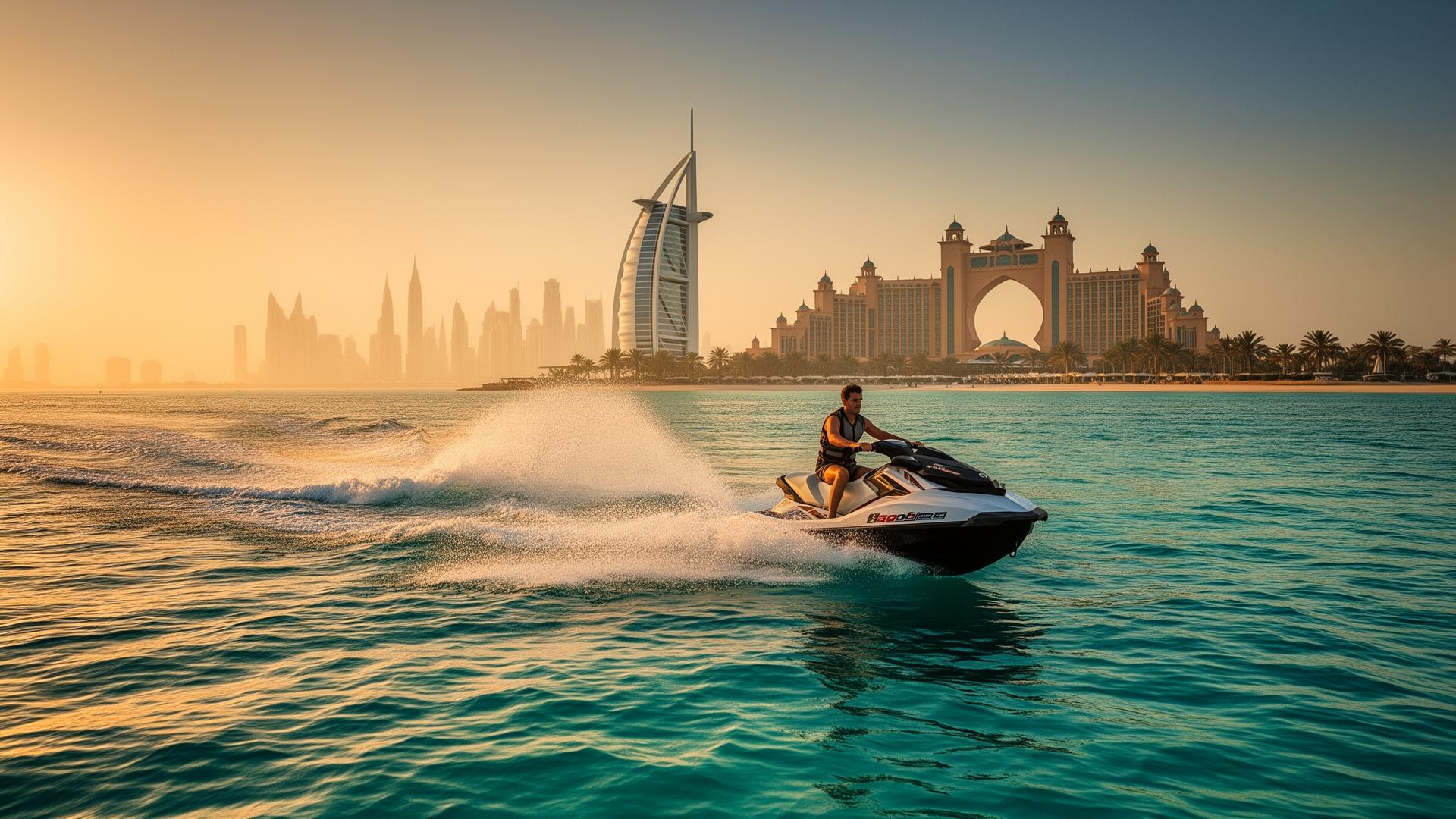 Jetski rider with Dubai skyline at golden hour